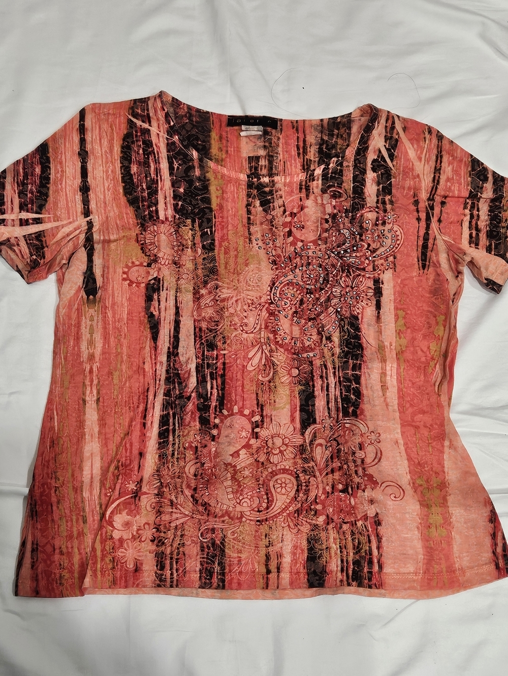 Vintage Women's Coral Paisley Stripe Tee Size Lpetite